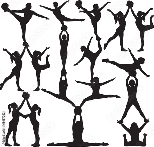 Silhouettes of cheerleaders in various poses holding pom-poms and performing stunts Keywords