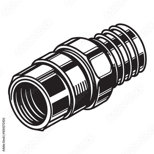 Detailed black and white illustration of a pipe fitting connector component