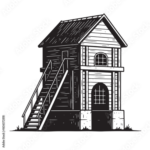 Detailed black and white illustration of a rustic wooden house with exterior staircase