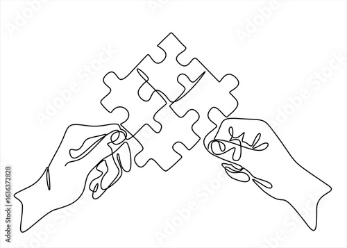 Continuous one line drawing of hands and puzzle. Business matching - connecting puzzle elements. Business metaphor for problem solving, solution and strategy. Hand drawn one line vector. Editable 