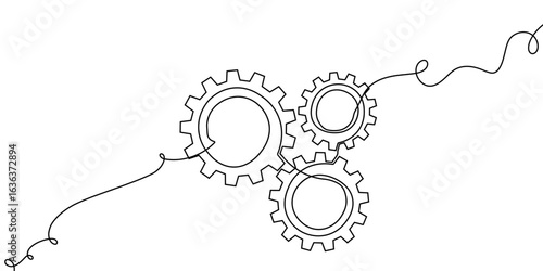 Gear line continuous art one icon cog work business factory wheel. Continuous gear line outline vector setting computer cogwheel technology sketch drawing science stroke machine brain background.