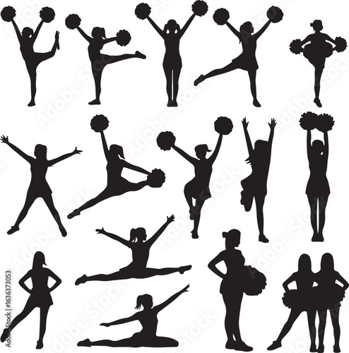 Cheerleading team performing stunts and holding pom-poms silhouettes cheerleader sport