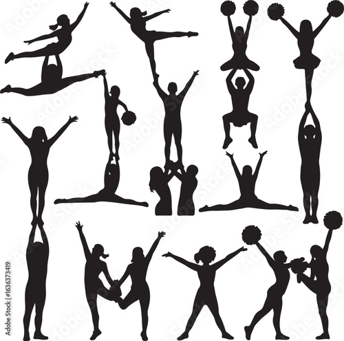 Cheerleaders performing acrobatic stunts and holding pom-poms silhouettes cheerleading team