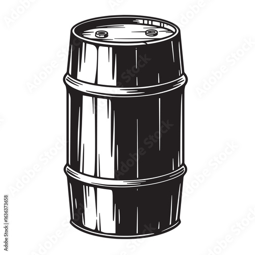 Detailed black and white illustration of a vintage wooden barrel isolated on white background