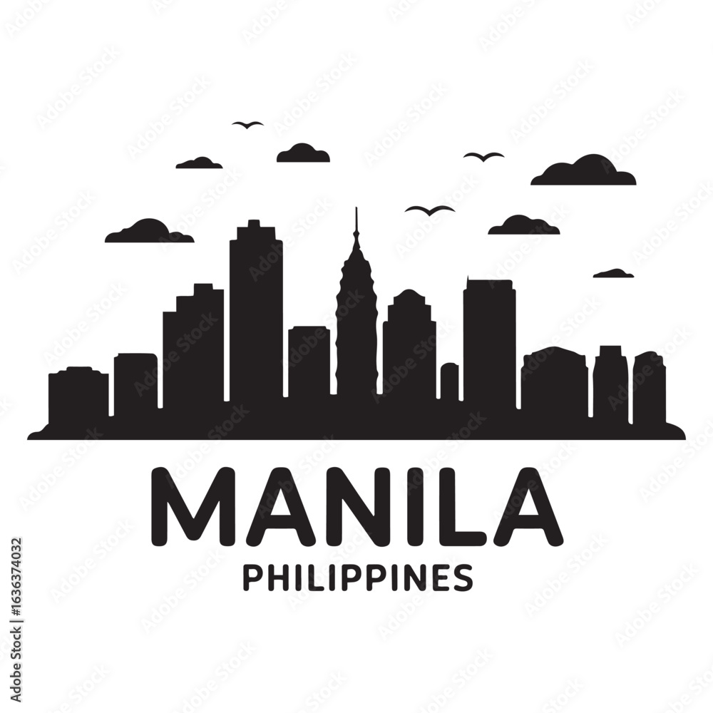 Fototapeta premium Manila skyline silhouette. Landscape Manila, Philippines. Vector illustration. Vector black silhouette. with white background.