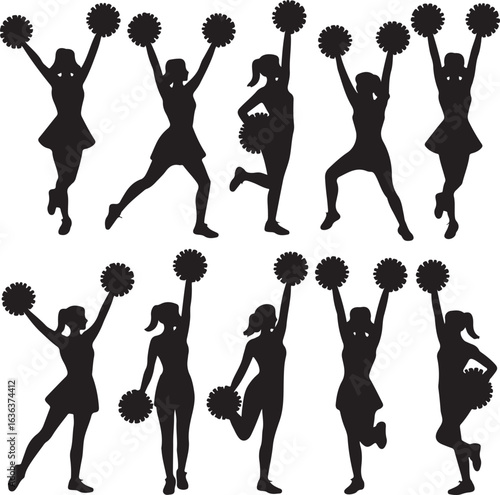 Dynamic Cheerleader Silhouettes with Pom Poms in Action Poses cheerleading sport