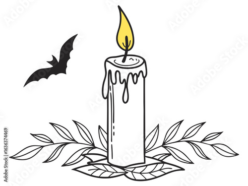 Vector drawing of burning candle. Halloween elements in flat shape. Halloween illustration on white background. Design elements for logos, badges, banners, labels, posters