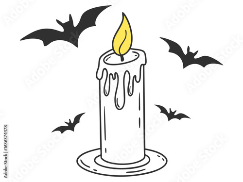 Vector drawing of burning candle. Halloween elements in flat shape. Halloween illustration on white background. Design elements for logos, badges, banners, labels, posters