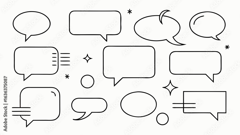 Fototapeta premium Collection of diverse black outline speech bubbles and decorative elements