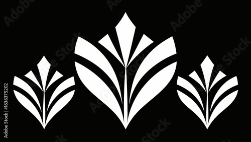 Three stylized white floral or feather motifs on a black background