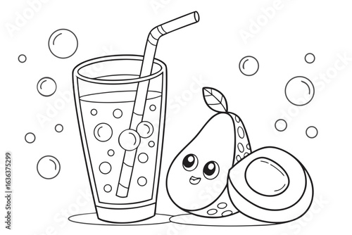 Coloring Pages, cartoon-style avocado juice in a tall glass with straw, colorless, uncolored, black and white for coloring book, coloring page, kids