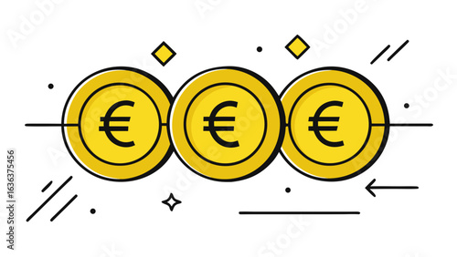 Three golden euro coins aligned on a line with abstract elements