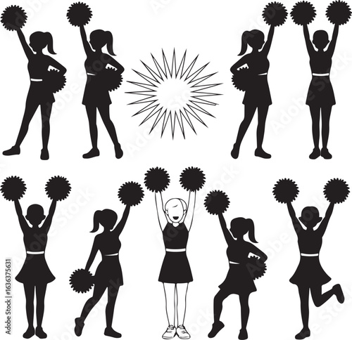 Silhouette cheerleaders with pom poms and starburst graphic on white cheerleading