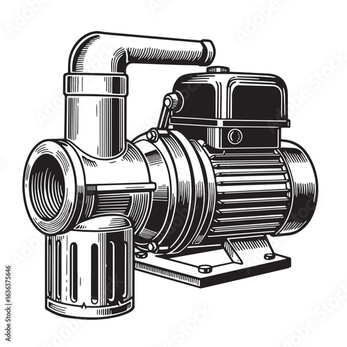 Detailed black and white line art illustration of a water pump mechanism
