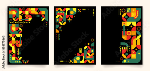 Set of African inspired poster covers template with modern geometric patterns on black for Black History Month, cultural event flyers, invitations, social media graphics. Vector illustration