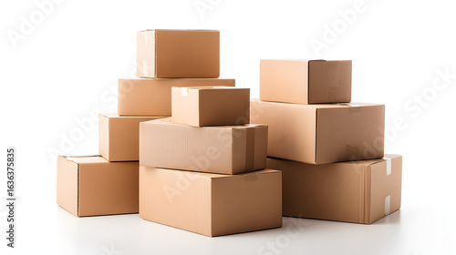 Stack of Brown Cardboard Shipping Boxes on White Background
