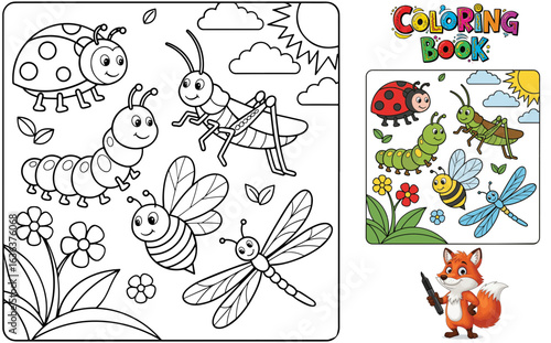 Friendly Bugs coloring page featuring ladybug, caterpillar, bee, grasshopper, and dragonfly. Improves fine motor skills, attention to detail, and spatial awareness. 