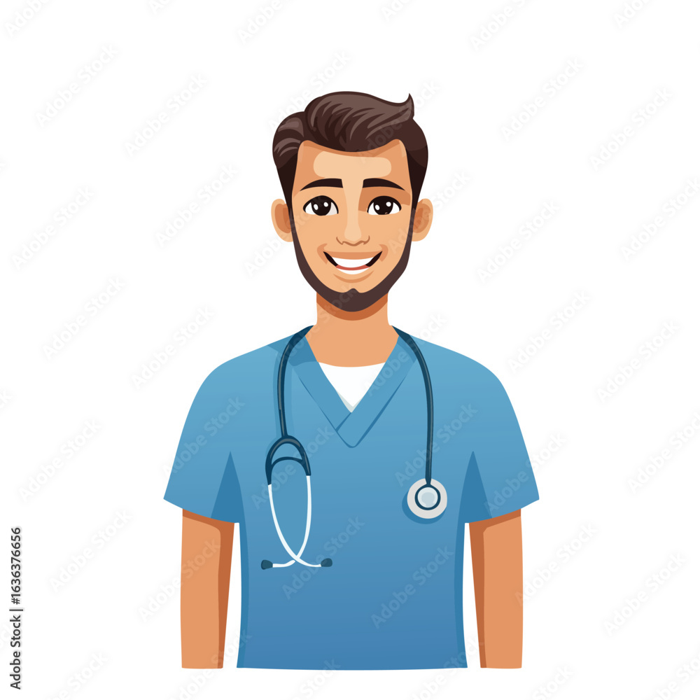 Male Nurse with Beard and Stethoscope Illustration - AI Generated Male Nurse with Beard and Stethoscope Illustration - AI Generated
