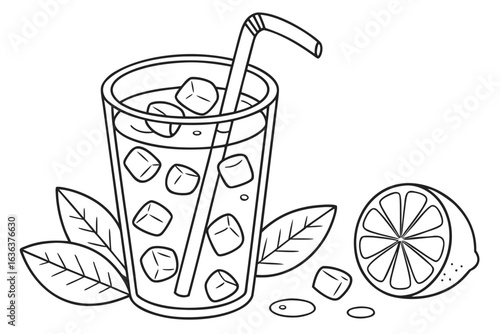 Coloring Pages, cartoon-style glass of iced tea with lemon and ice cubes, colorless, uncolored, black and white for coloring book, coloring page, kids