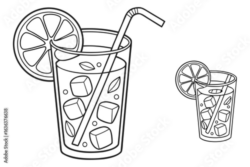 Coloring Pages, cartoon-style glass of iced tea with lemon and ice cubes, colorless, uncolored, black and white for coloring book, coloring page, kids