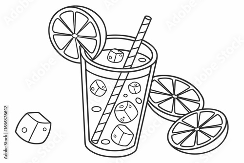 Coloring Pages, cartoon-style glass of iced tea with lemon and ice cubes, colorless, uncolored, black and white for coloring book, coloring page, kids