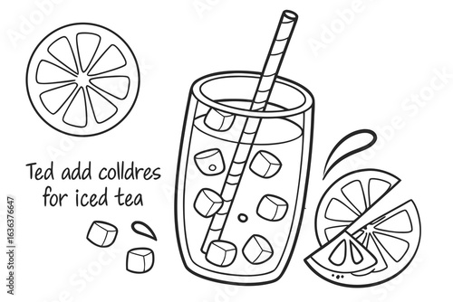 Coloring Pages, cartoon-style glass of iced tea with lemon and ice cubes, colorless, uncolored, black and white for coloring book, coloring page, kids