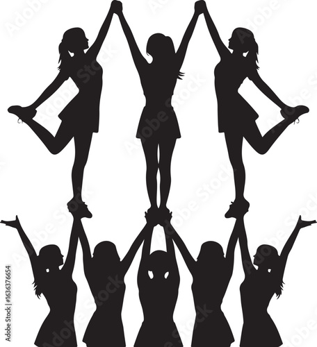 Cheerleader Pyramid Stunt Silhouette with Legs Held on White Background cheerleading female
