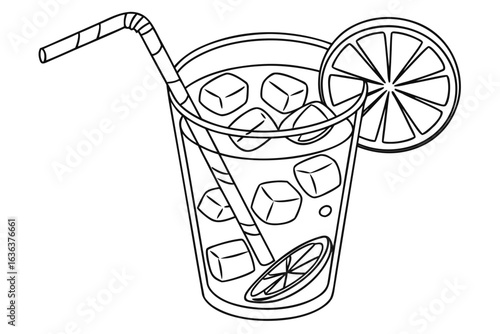 Coloring Pages, cartoon-style glass of iced tea with lemon and ice cubes, colorless, uncolored, black and white for coloring book, coloring page, kids