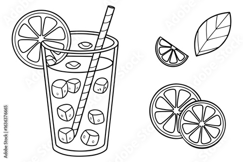 Coloring Pages, cartoon-style glass of iced tea with lemon and ice cubes, colorless, uncolored, black and white for coloring book, coloring page, kids
