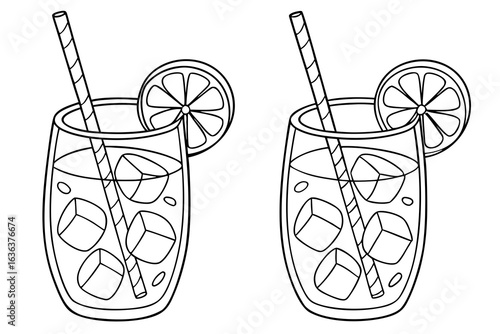 Coloring Pages, cartoon-style glass of iced tea with lemon and ice cubes, colorless, uncolored, black and white for coloring book, coloring page, kids