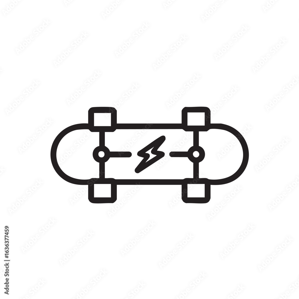 A line drawing of an electric skateboard with a lightning bolt symbol. A line drawing of an electric skateboard with a lightning bolt symbol.