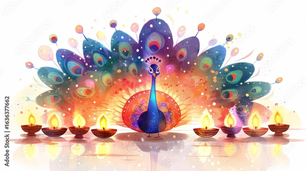 Fototapeta premium Peacock with Fan Display and Lit Oil Lamps Illustration Against White Backdrop