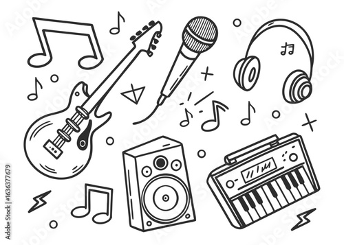 Hand drawn doodle sketch illustration of a musical instrument set with a guitar, piano, and drums