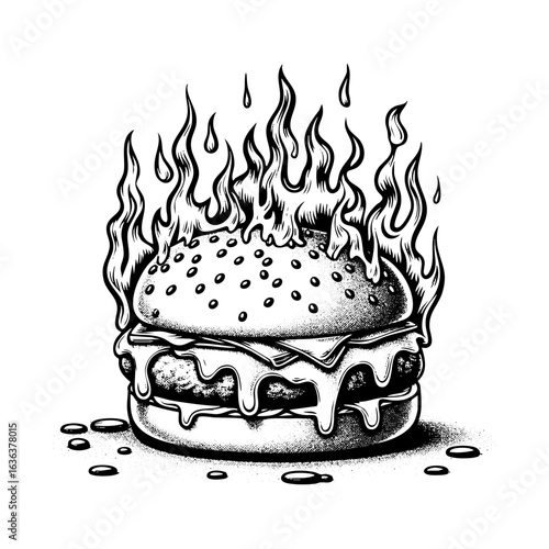 Hamburger on fire  sketch engraving generative ai fictional character PNG illustration. Black and white image.
