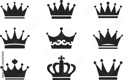 Royal crown icon set, black and white vector, elegant design elements, regal symbols, royalty graphics, branding illustration, majestic collection
