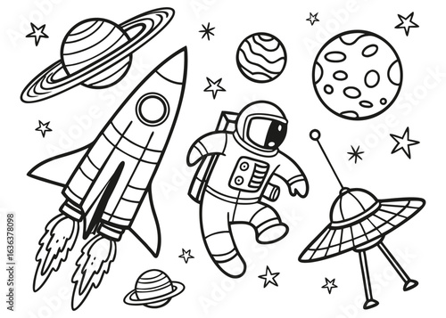 A cute cartoon space rocket character with a friendly face is drawn in a vector illustration style