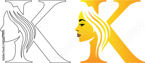 k letter and lady face logo design 