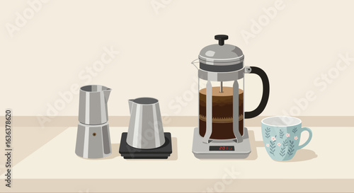 Coffee Brewing Setup with French Press, Moka Pot, Kettle, and Floral Mug