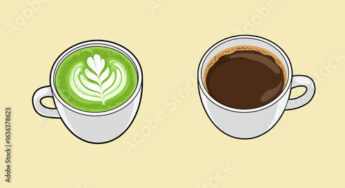 Two Cups: Matcha Latte Art and Black Coffee Illustration