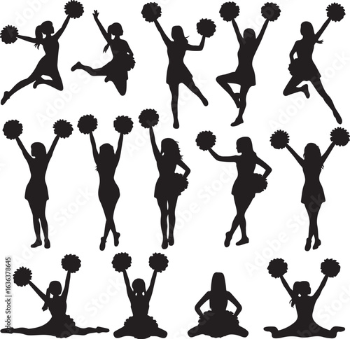 Thirteen Silhouette Cheerleaders Posing With Pom Poms On White Background cheerleading