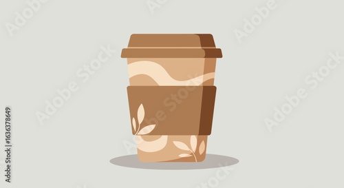 Stylish Brown Coffee Cup with Lid and Decorative Sleeve Design