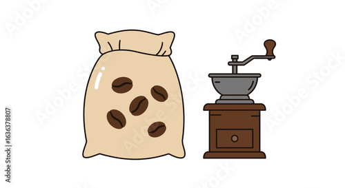 Coffee Beans in a Sack with Grinder Illustration