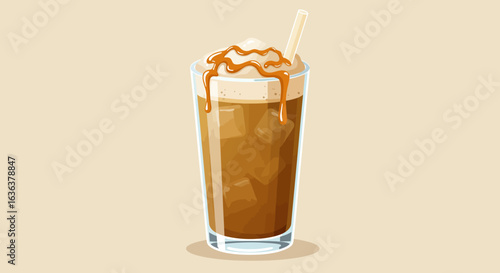 Iced Coffee with Caramel Drizzle and Straw in Glass