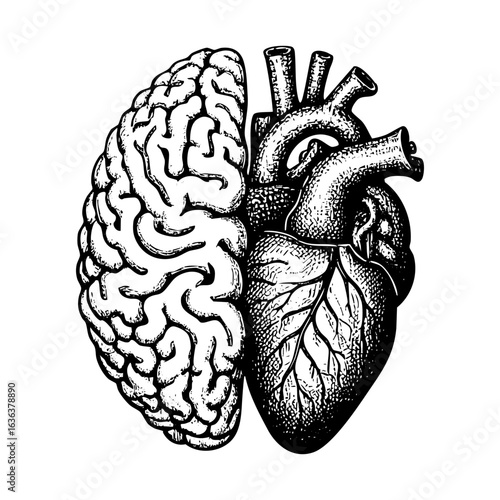 Detailed Engraving Style Illustration of hal brain and half heart in ink sketch