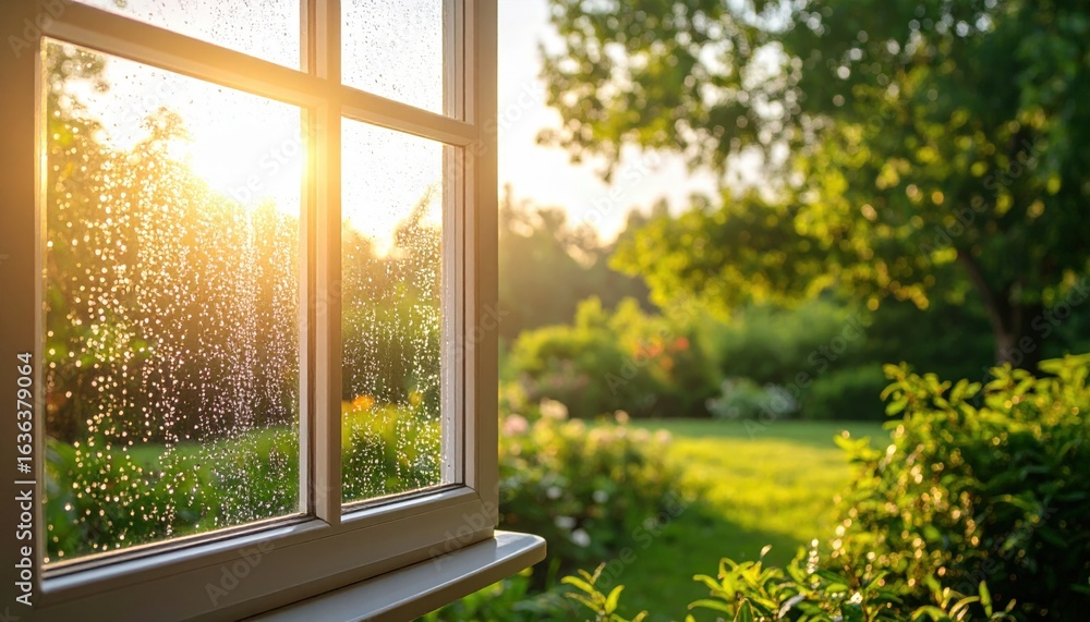 Obraz premium Sunlight Through Rainy Window To Garden