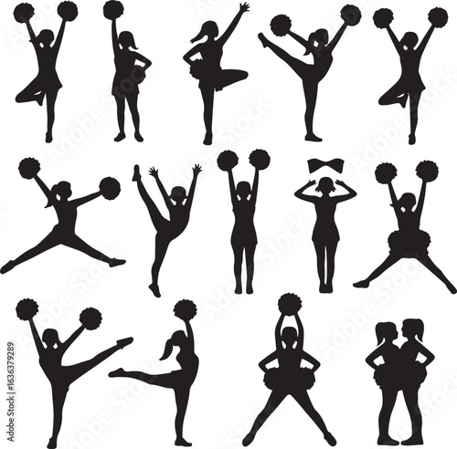 Diverse cheerleading poses and actions in black silhouette on white Keywords: cheerleading