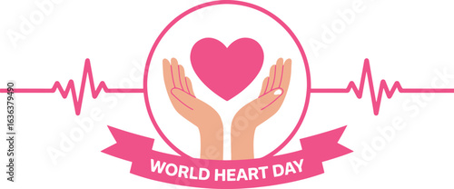 Pink heart held between two hands with electrocardiogram lines and world heart day text world heart day 2025 2026 image poster banner label social media post t shirt design logo vector download