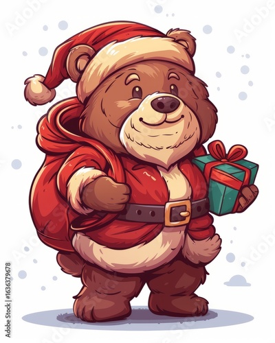  Festive Cartoon Bear in Santa Outfit Holding Wrapped Christmas Present