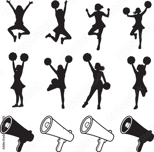 Cheerleader Silhouettes And Megaphone Icons On White Background cheerleading female