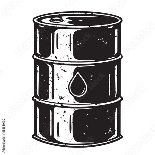 Illustration of a black and white oil barrel with a drop symbol for energy industry